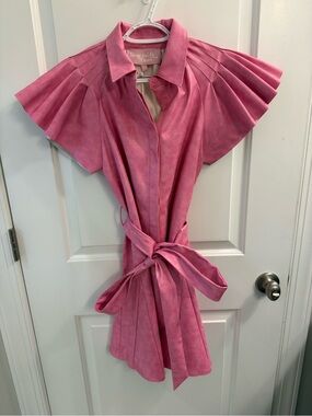 NWT Sincerely Ours Corine Faux Leather Pleated Mini Dress Pink Size XS